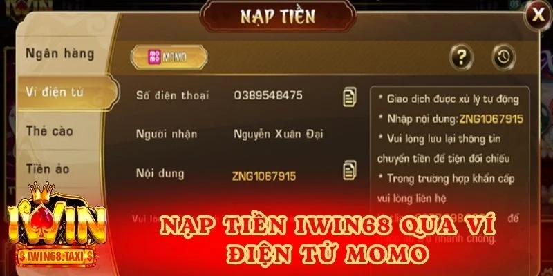 Nạp tiền IWIN68 thông qua hình thức ví điện tử Momo